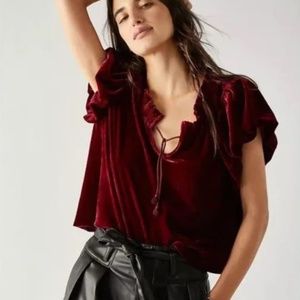 FREE PEOPLE Terese Wild Garnet Red Velvet Front Tie Peasant Top NWT